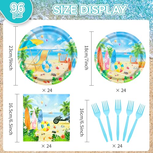 Gistome 96-Piece Summer Beach Tableware Set - Tropical Disposable Dinnerware for 24 Guests - Includes 7" & 9" Plates, Napkins, Forks