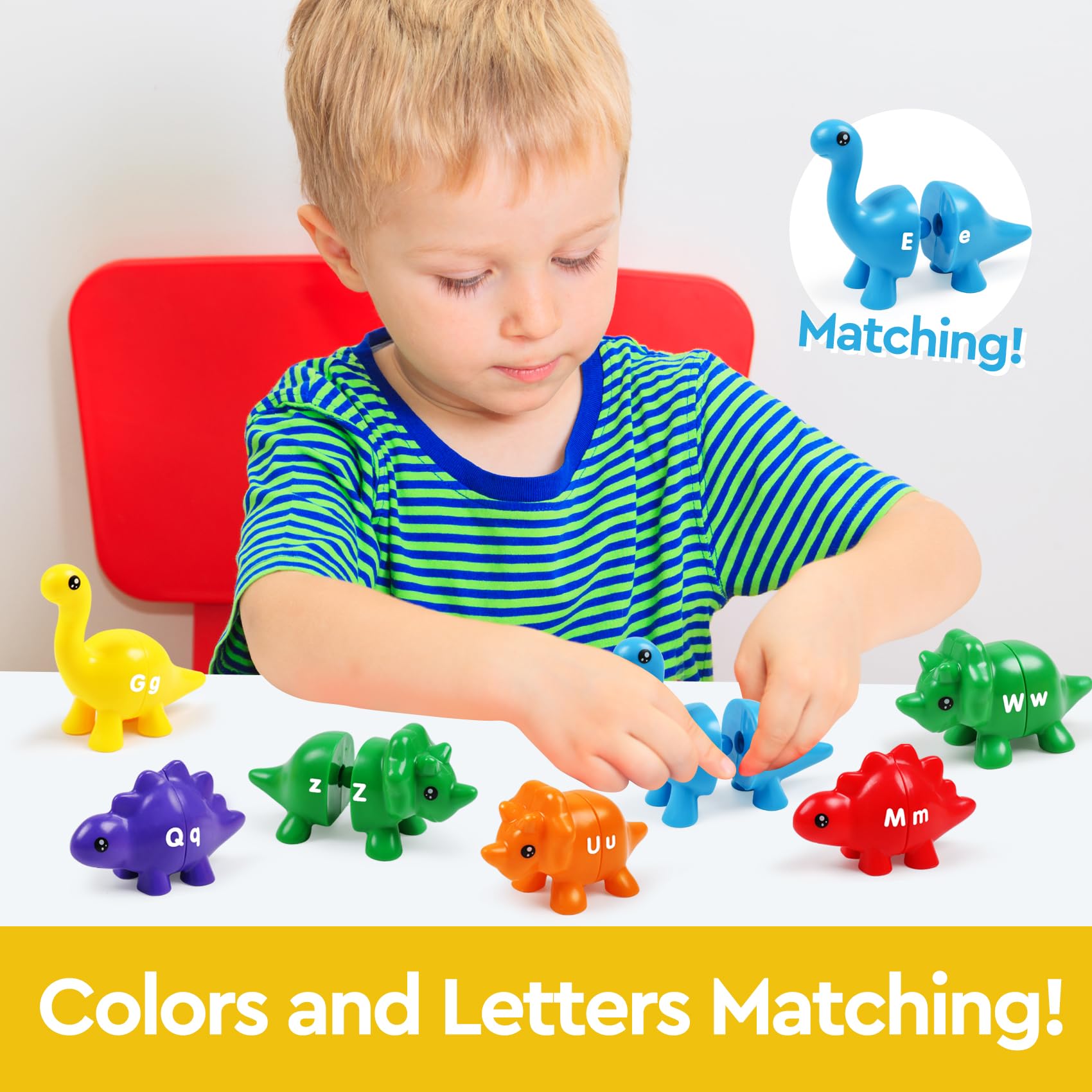 GKDOMS Alphabet Dinosaurs Letter Matching Toy – 13 Double-Sided Dinos for Uppercase & Lowercase Learning, Fine Motor Skills