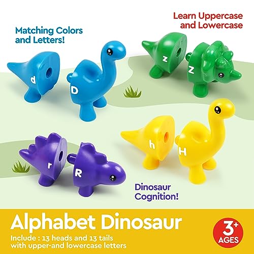 GKDOMS Alphabet Dinosaurs Letter Matching Toy – 13 Double-Sided Dinos for Uppercase & Lowercase Learning, Fine Motor Skills