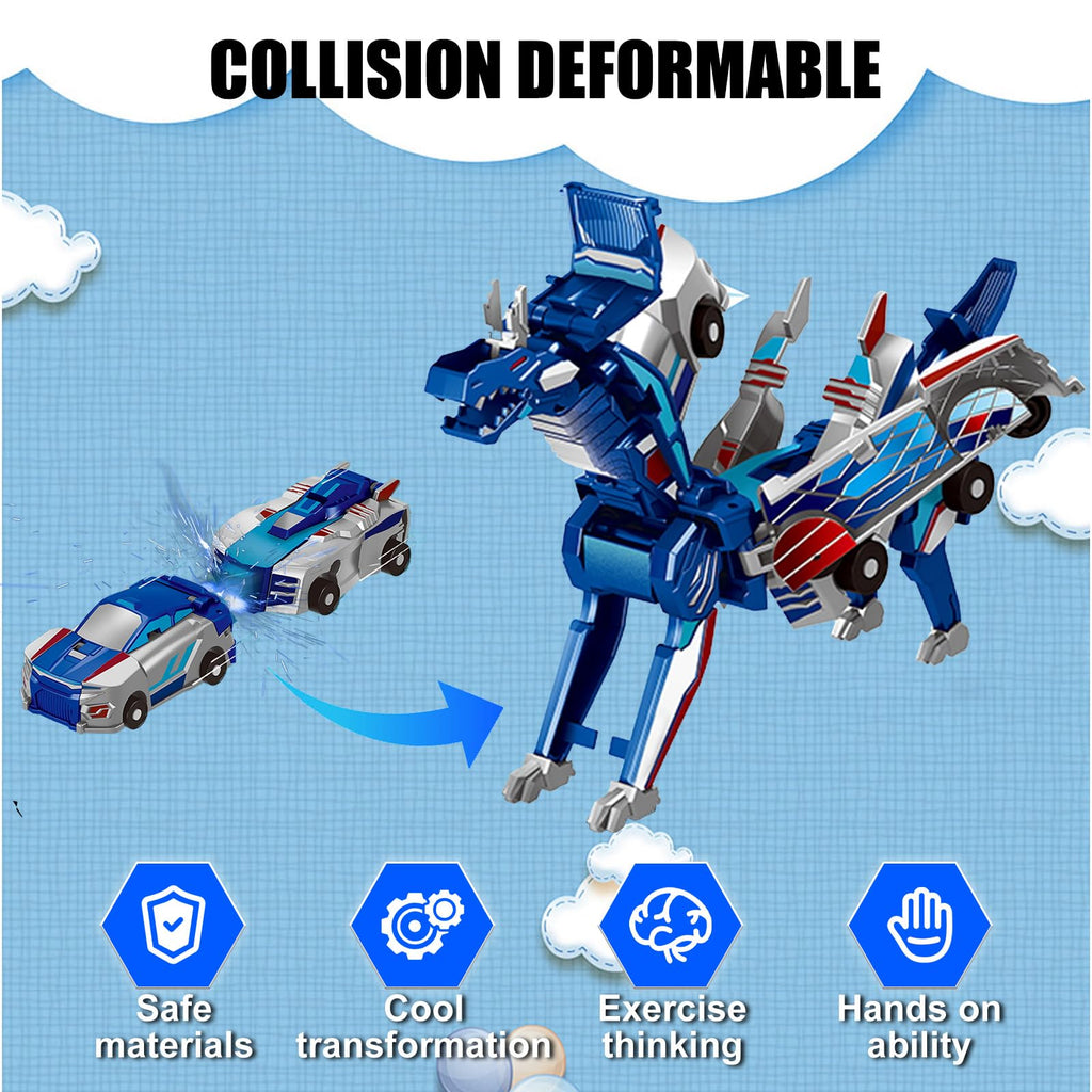 Gkiozu 2-in-1 Magnetic Dinosaur Car Toy: Crash & Transform Vehicle to Dino, No Batteries, Ages 3-12 (Blue Dragon)