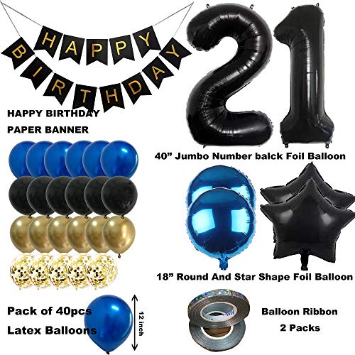 Glabby 21st Birthday Balloon Decoration Kit for Him – Black, Blue & Gold, Jumbo 21 Foil, Latex Balloons