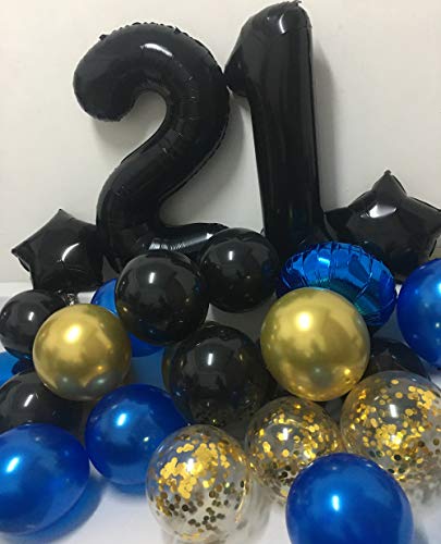 Glabby 21st Birthday Balloon Decoration Kit for Him – Black, Blue & Gold, Jumbo 21 Foil, Latex Balloons