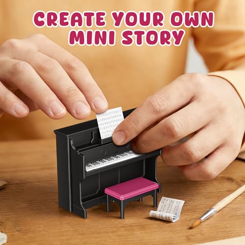 GLEAVI Mini Upright Piano Set with Stool and Music Score for Dollhouse Decor, 1:12 Scale