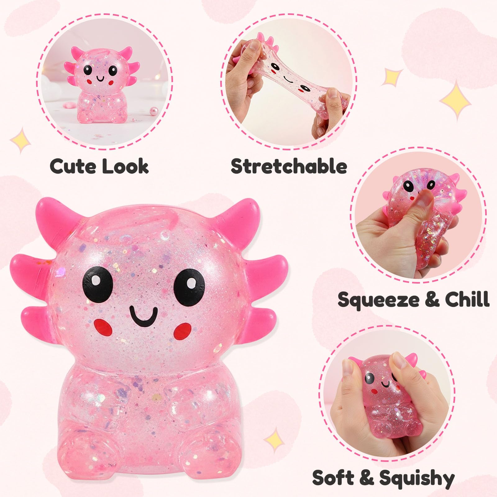 Glitter Axolotl Squishy Toy – Stretchy Stress Ball for Anxiety Relief, Pocket-Sized Fidget Toy for Kids Teens Adults (Pink)