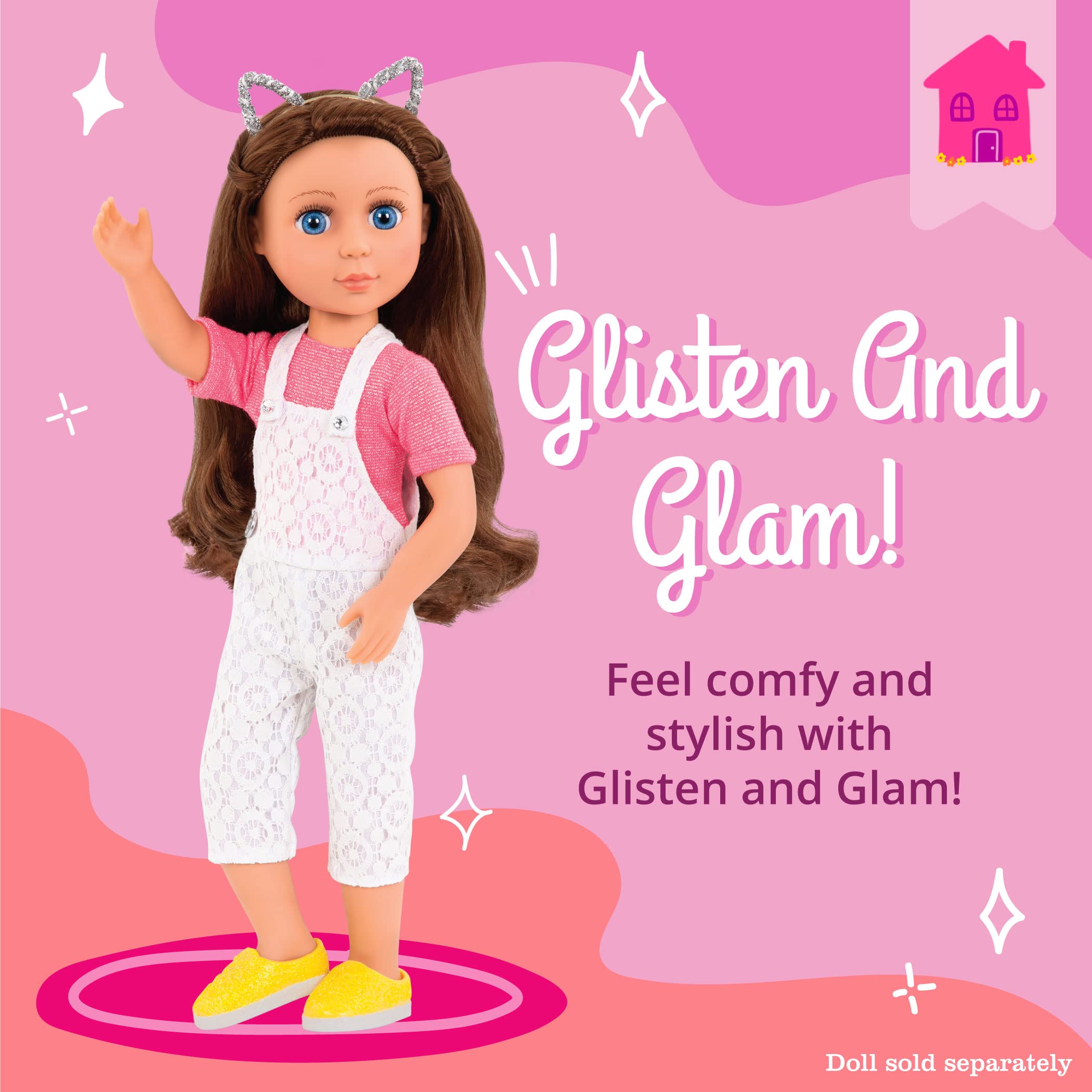 Glitter Girls 14-Inch Doll Outfit – Lace Overalls and Cat Ear Headband Set