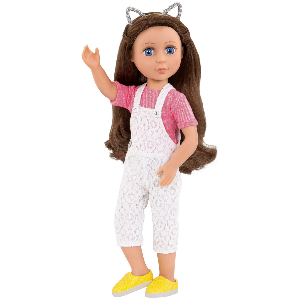 Glitter Girls 14-Inch Doll Outfit – Lace Overalls and Cat Ear Headband Set