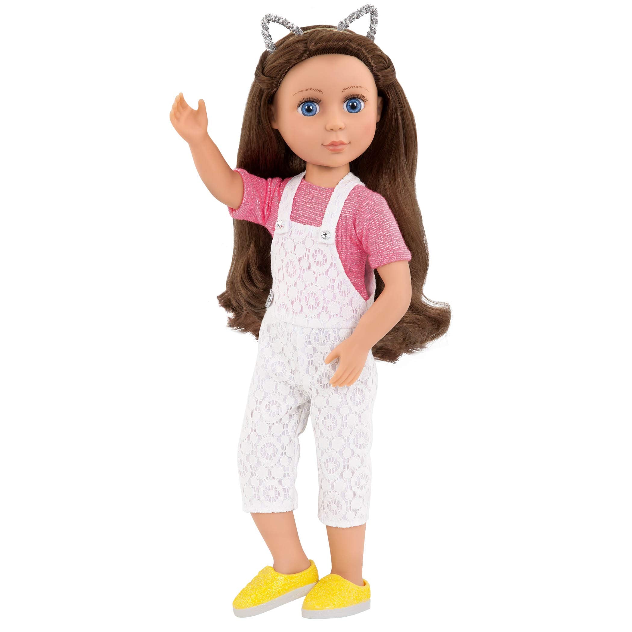 Glitter Girls 14-Inch Doll Outfit – Lace Overalls and Cat Ear Headband Set