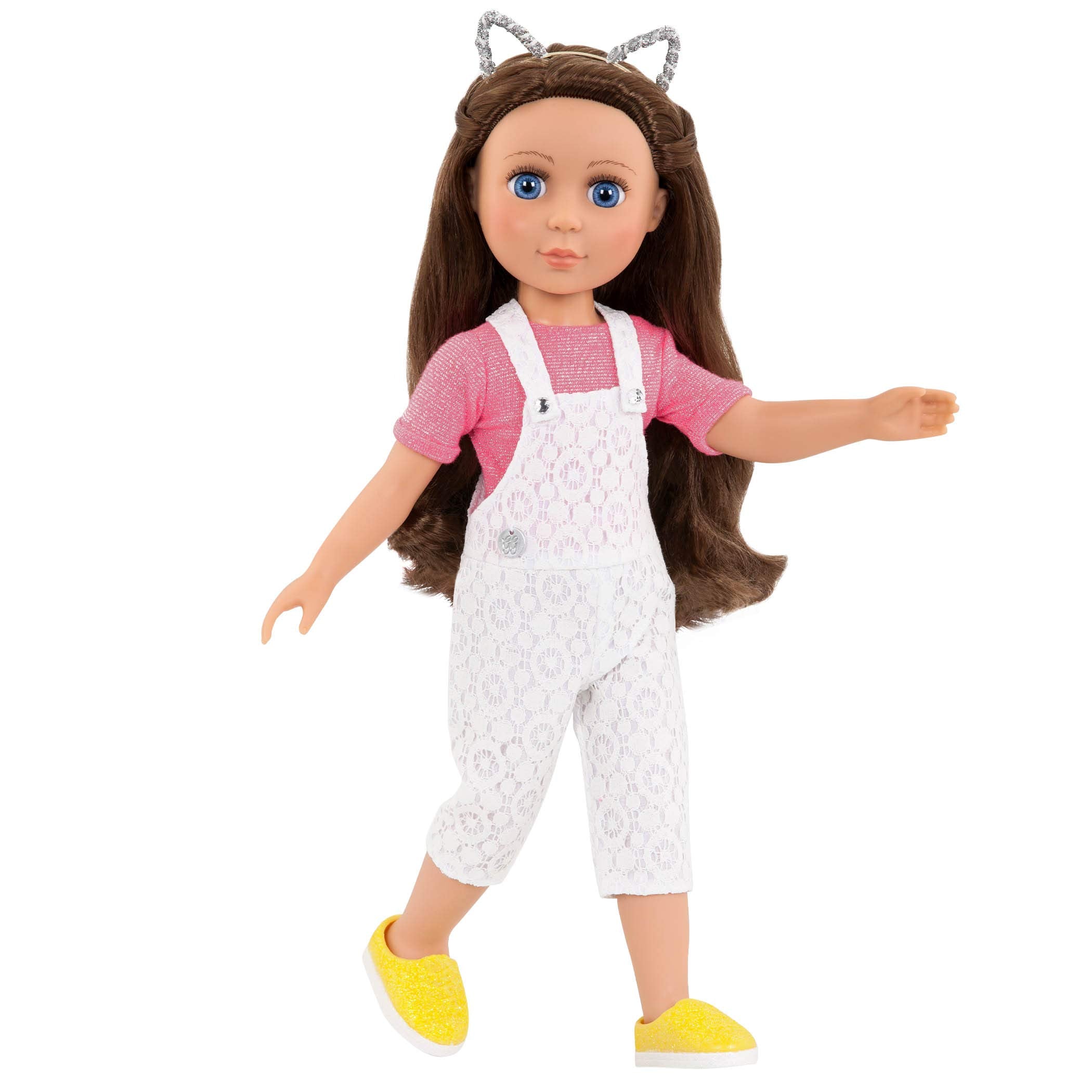 Glitter Girls 14-Inch Doll Outfit – Lace Overalls and Cat Ear Headband Set