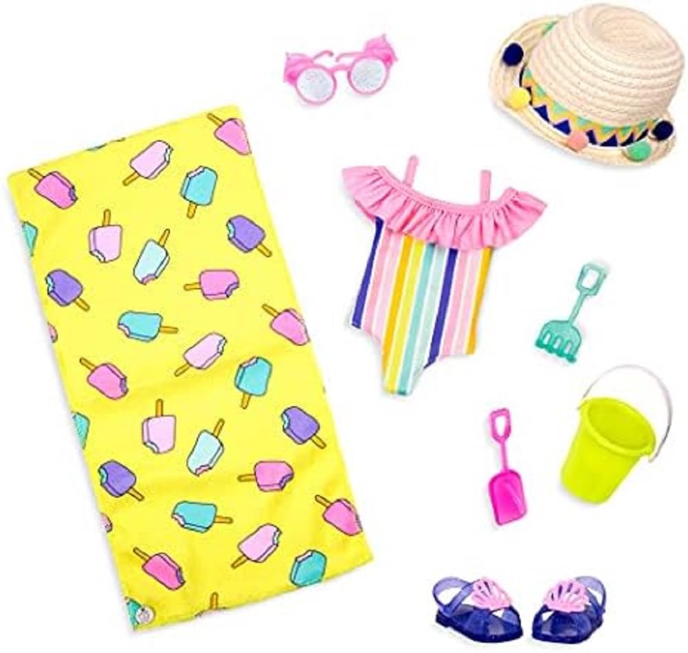 Glitter Girls Beach Day Rays Outfit for 14-Inch Dolls – Rainbow Swimsuit, Beach Towel, Accessories