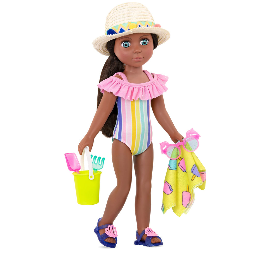 Glitter Girls Beach Day Rays Outfit for 14-Inch Dolls – Rainbow Swimsuit, Beach Towel, Accessories