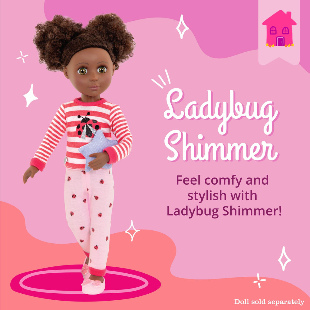 Glitter Girls Ladybug Shimmer Pajama Set for 14-Inch Dolls – Top, Bottoms, Pillow & Slippers