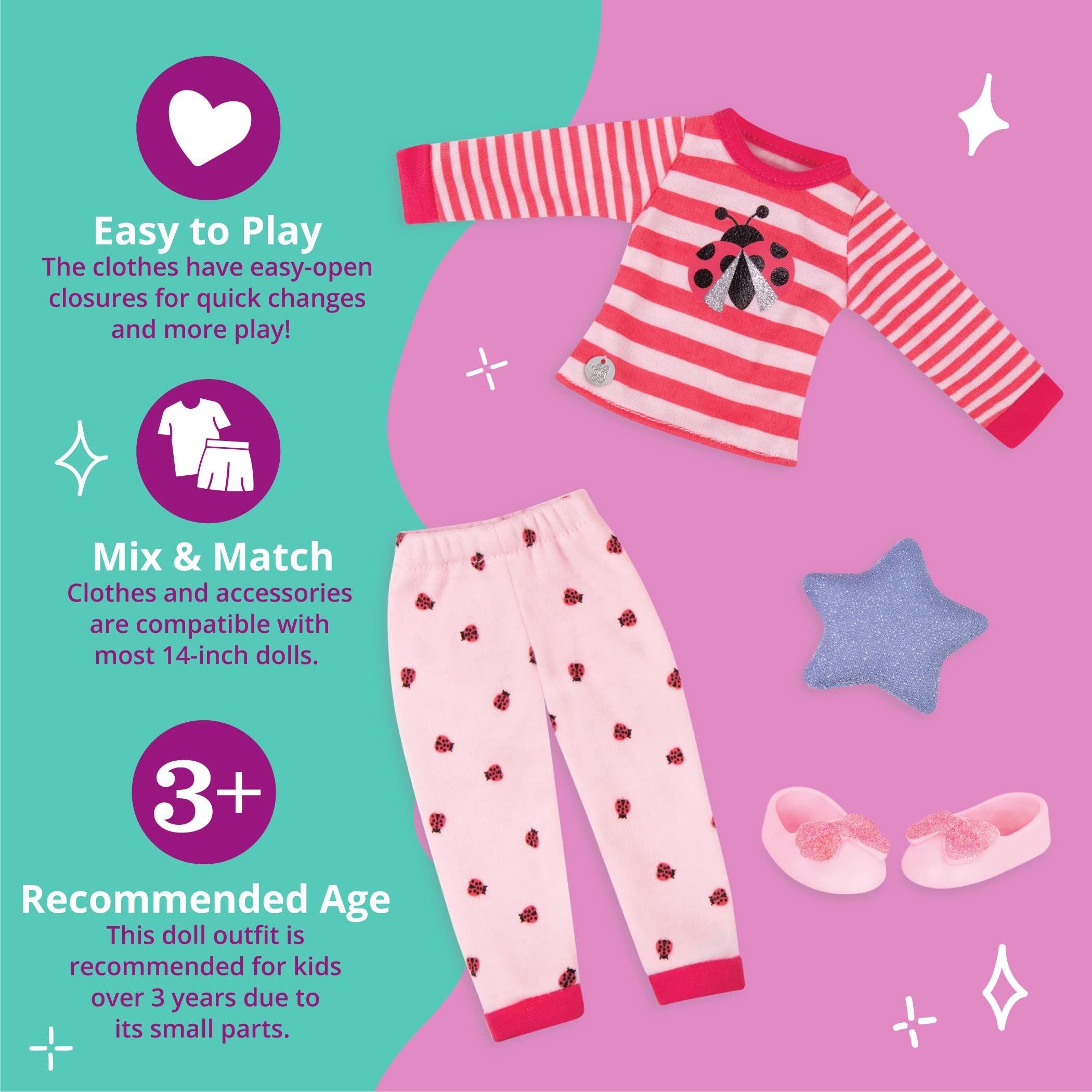 Glitter Girls Ladybug Shimmer Pajama Set for 14-Inch Dolls – Top, Bottoms, Pillow & Slippers