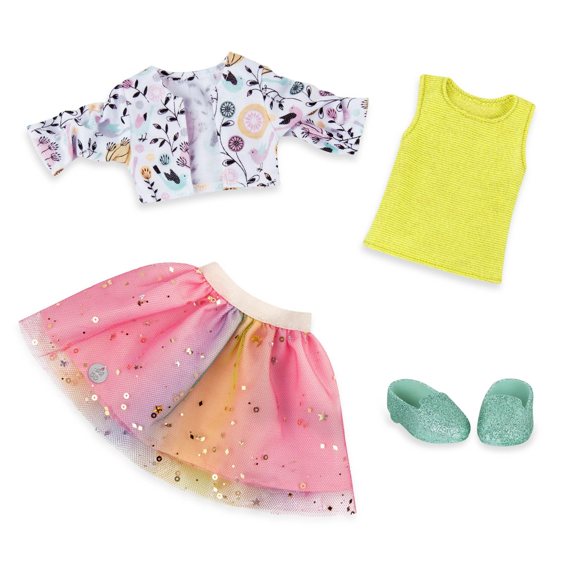 Glitter Girls Shimmer Glimmer Floral Fashion Outfit for 14-Inch Dolls – Urban Top, Flower Jacket & Tutu Skirt Set