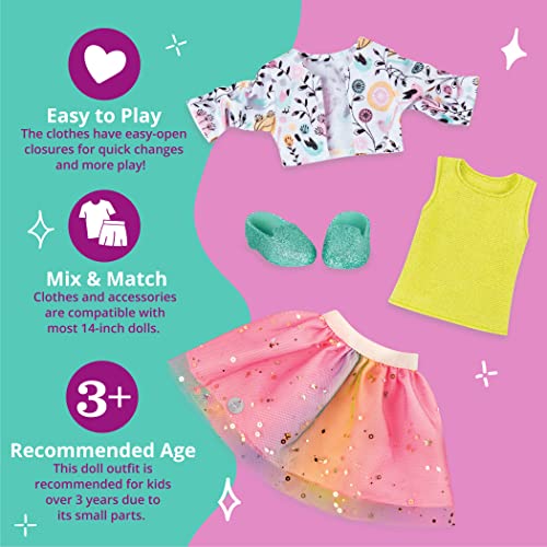 Glitter Girls Shimmer Glimmer Floral Fashion Outfit for 14-Inch Dolls – Urban Top, Flower Jacket & Tutu Skirt Set