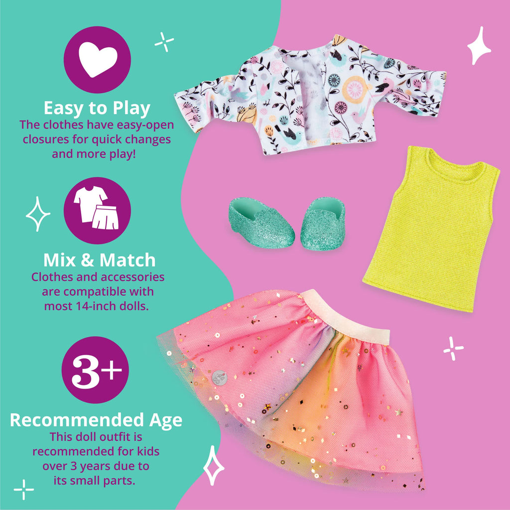 Glitter Girls Shimmer Glimmer Floral Fashion Outfit for 14-Inch Dolls – Urban Top, Flower Jacket & Tutu Skirt Set