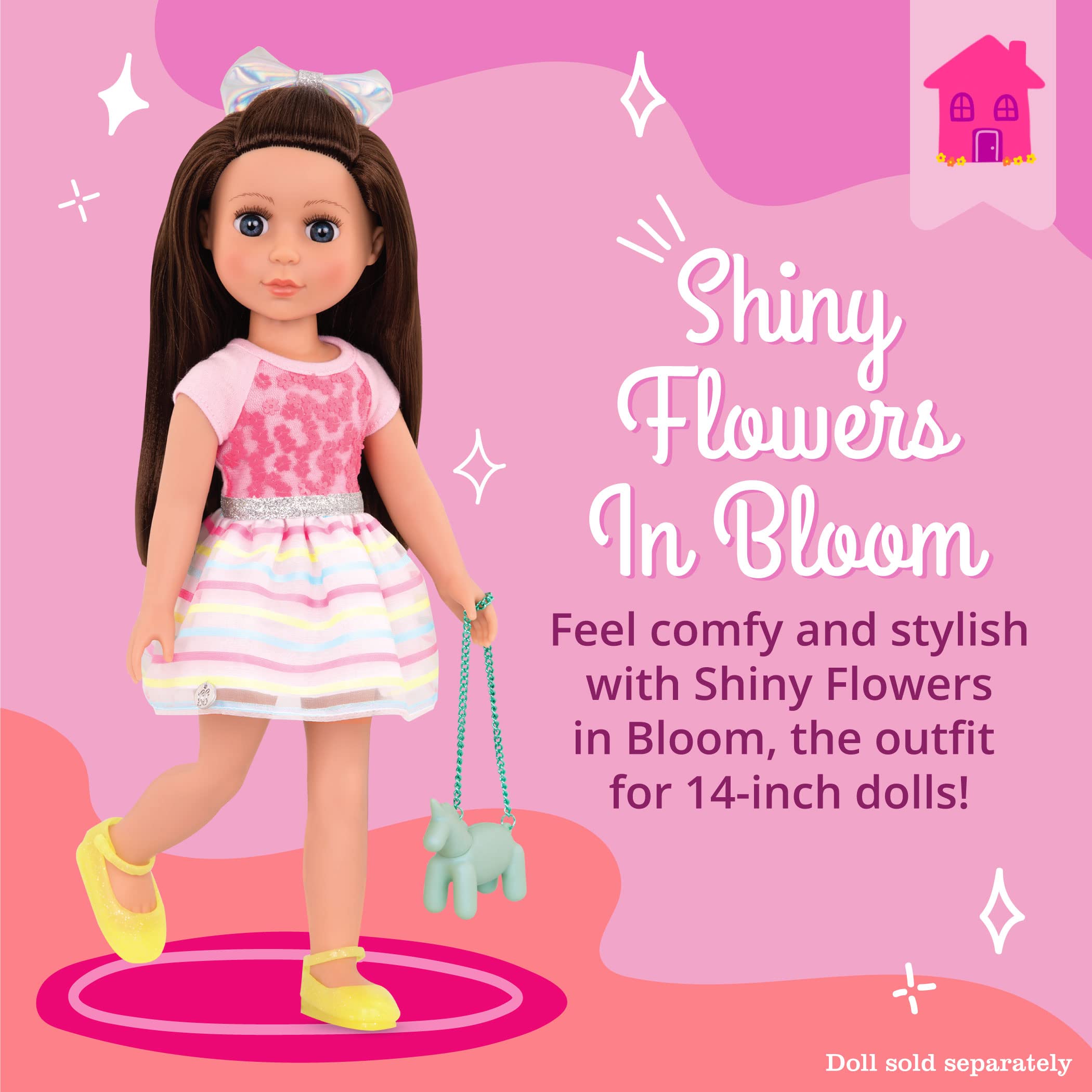 Glitter Girls Shiny Flowers in Bloom Outfit for 14-Inch Dolls – Rainbow Dress, Unicorn Purse, Glitter Shoes – Ages 3+
