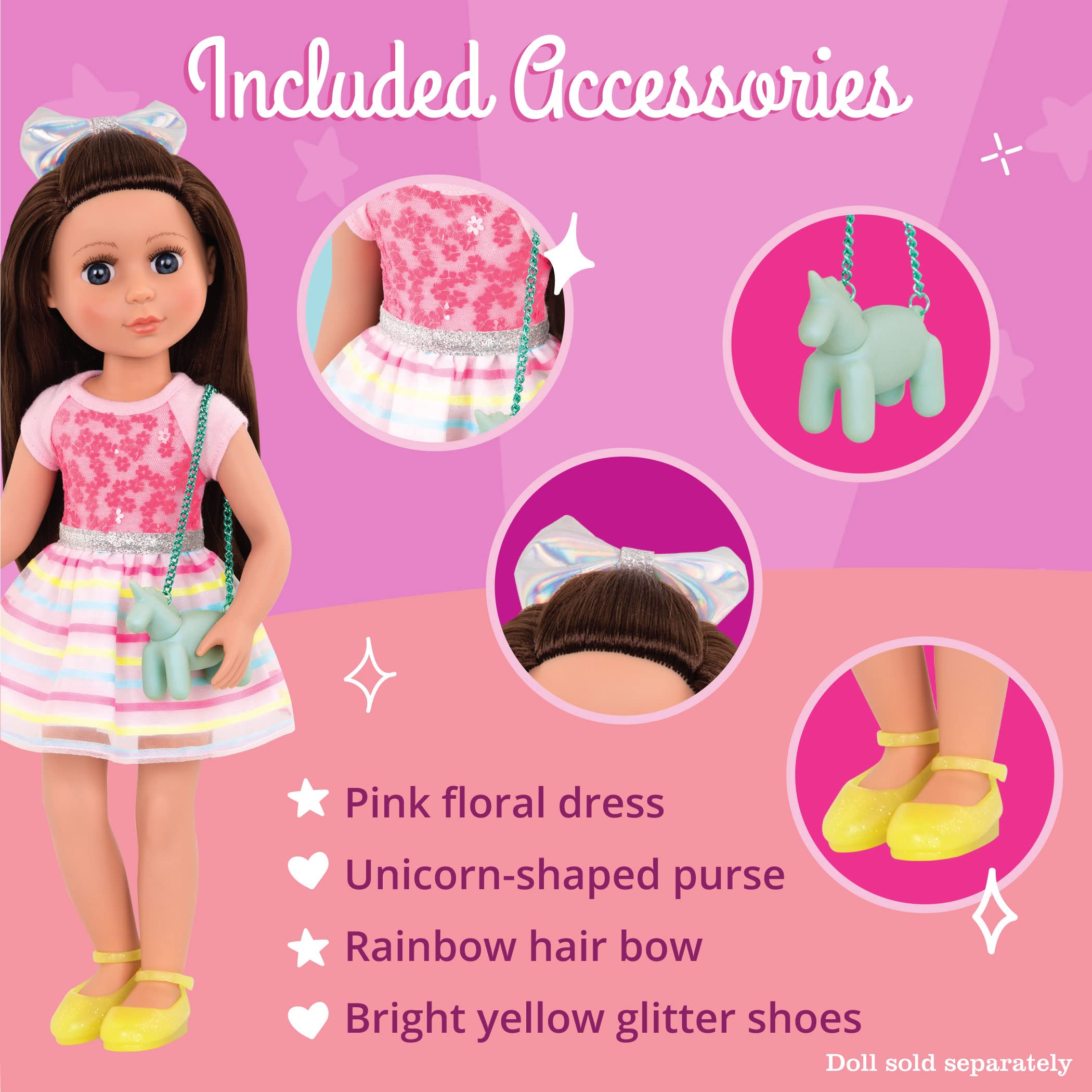 Glitter Girls Shiny Flowers in Bloom Outfit for 14-Inch Dolls – Rainbow Dress, Unicorn Purse, Glitter Shoes – Ages 3+