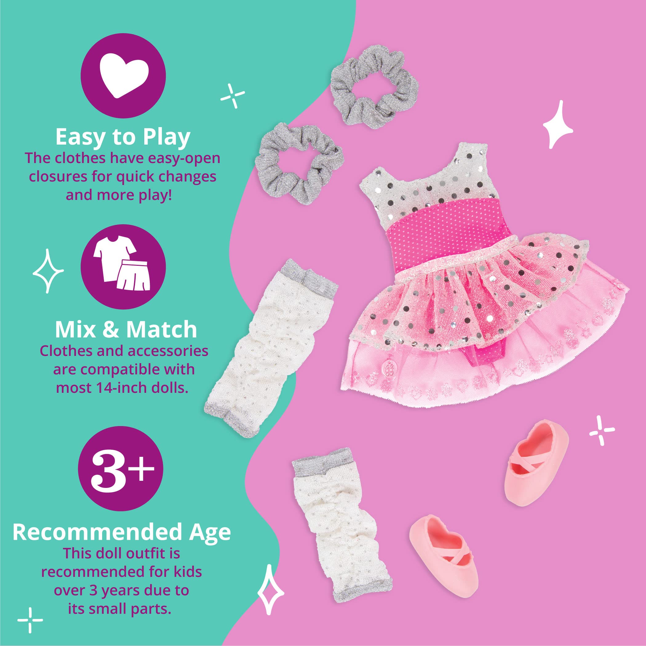 Glitter Girls Twirls of Joy Ballerina Outfit for 14-Inch Dolls - Hearts & Stars Ballet Dress Set