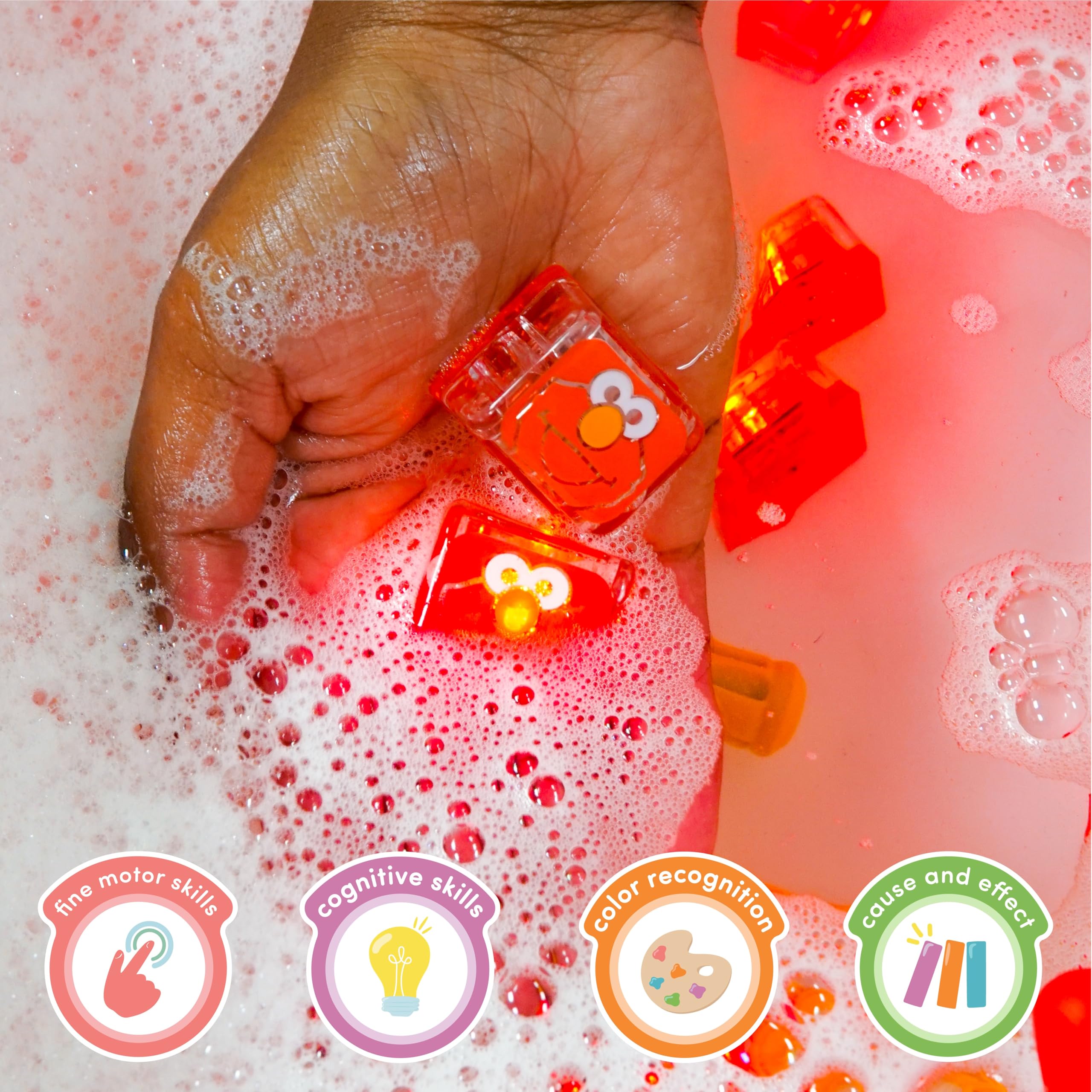 Glo Pals Sesame Street Elmo Water-Activated Light-Up Bath Toy Cubes – Pack of 6, Red Glow