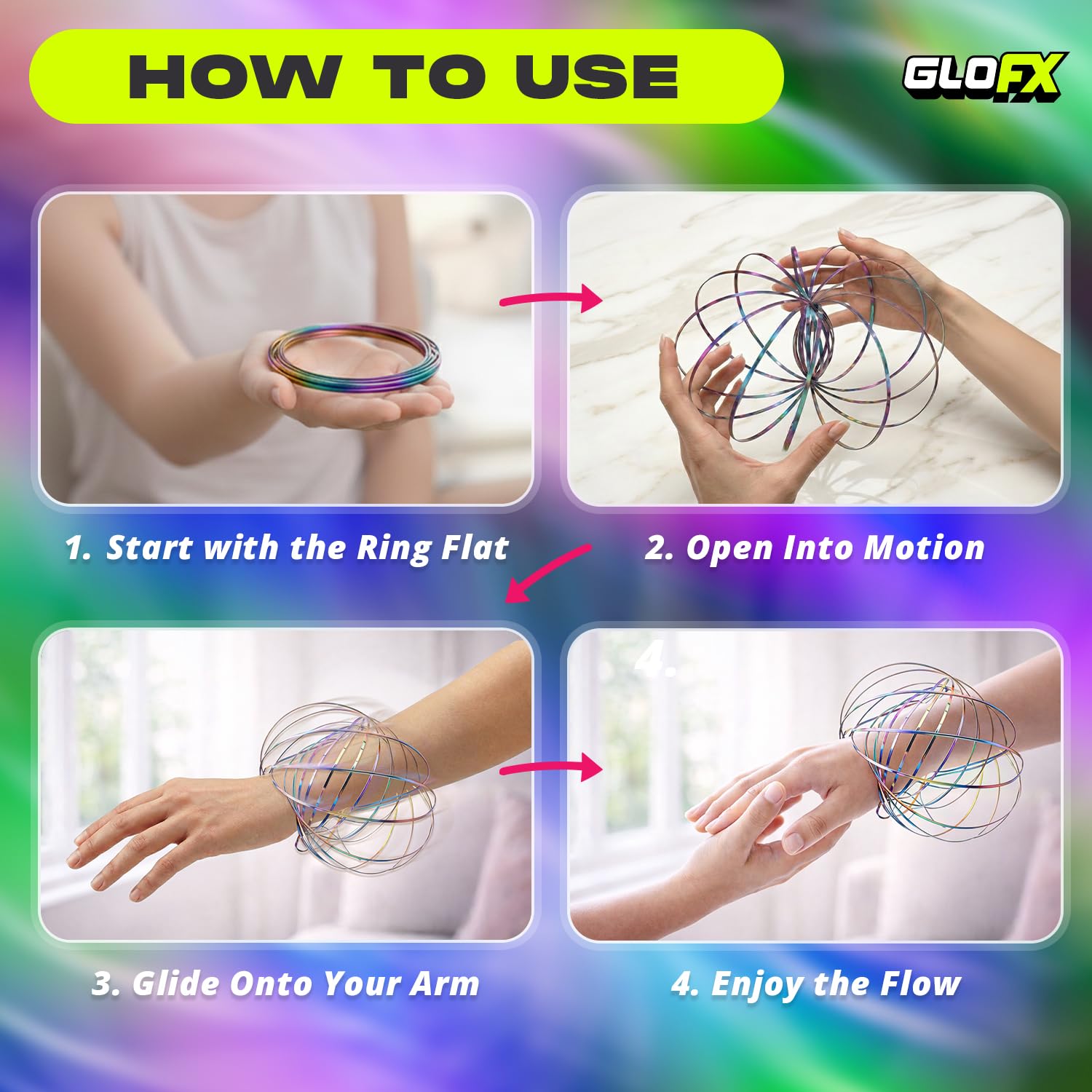 GloFX Silver Sensory Flow Ring – Kinetic Fidget Toy for Stress Relief, Collapsible Magic Bracelet Slinky for Teens and Adults