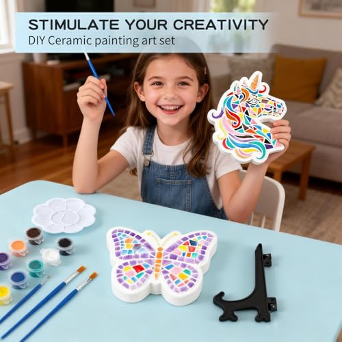 GloomGlo Butterfly & Unicorn Plaster Painting Kit with 12 Acrylic Paints, Brushes, and Easels