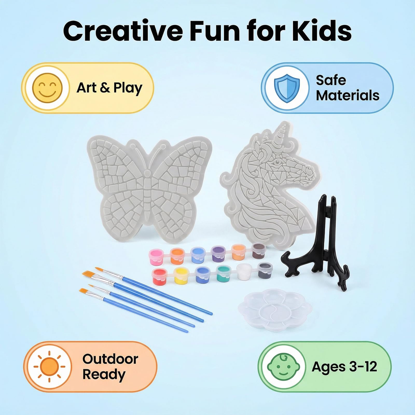GloomGlo Butterfly & Unicorn Plaster Painting Kit with 12 Acrylic Paints, Brushes, and Easels