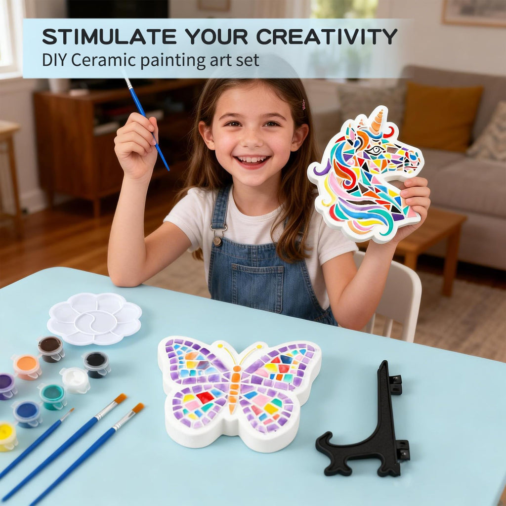 GloomGlo Butterfly & Unicorn Plaster Painting Kit with 12 Acrylic Paints, Brushes, and Easels