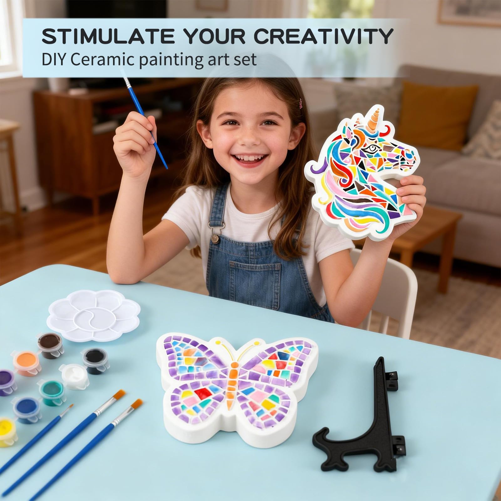 GloomGlo Butterfly & Unicorn Plaster Painting Kit with 12 Acrylic Paints, Brushes, and Easels