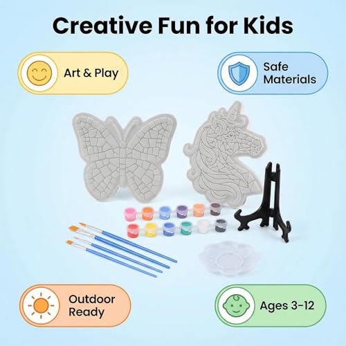 GloomGlo Butterfly & Unicorn Plaster Painting Kit with 12 Acrylic Paints, Brushes, and Easels