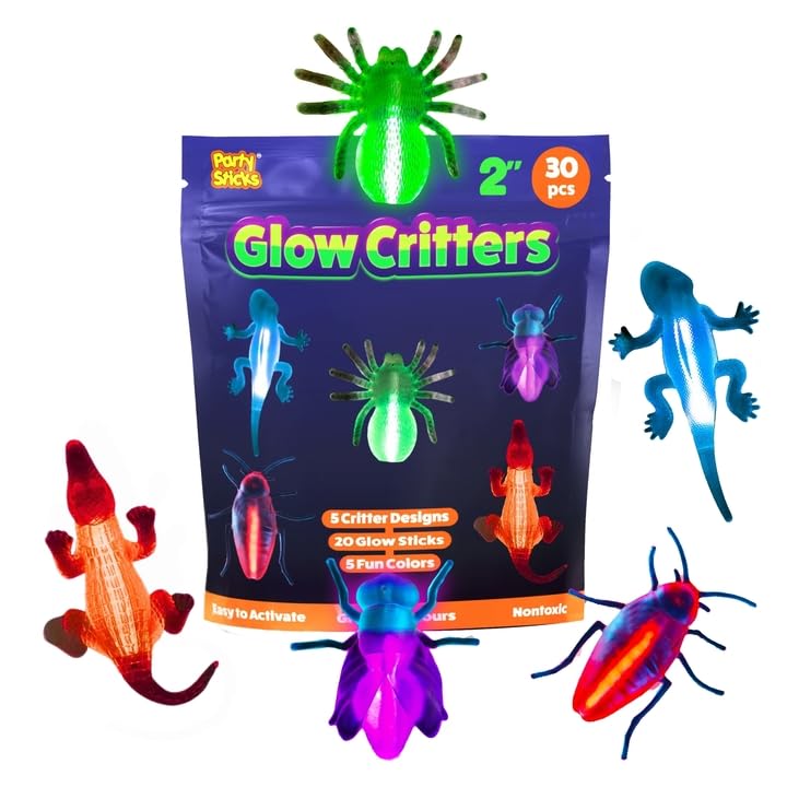 Glow Critters 30-Pack: Glow-in-the-Dark Fake Bug Toys & Mini Glow Sticks for Easter Eggs, Halloween Party Favors, and Basket Stuffers