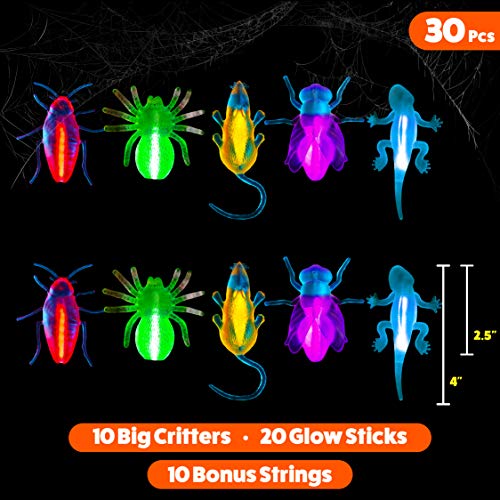 Glow Critters 30-Pack: Glow-in-the-Dark Fake Bug Toys & Mini Glow Sticks for Easter Eggs, Halloween Party Favors, and Basket Stuffers