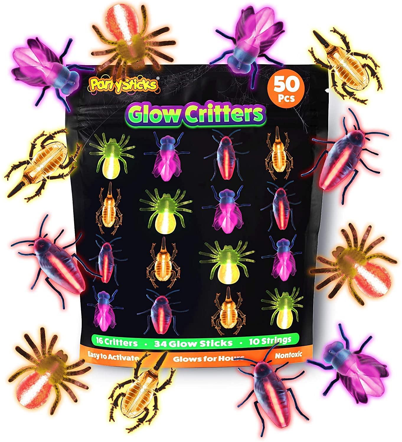Glow Critters 50-Pack Glow-in-the-Dark Bug Toys & Glow Sticks – Party Favors & Easter Egg Fillers