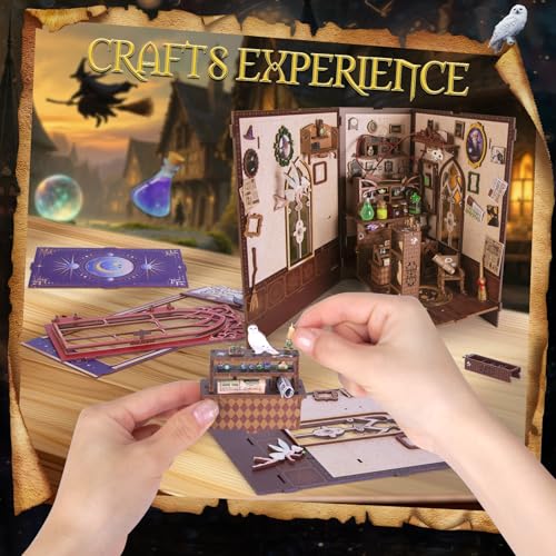 Glow in the Dark Book Nook Kit - Magic Shop Miniature Dollhouse with Spinning Hat & LED Lights