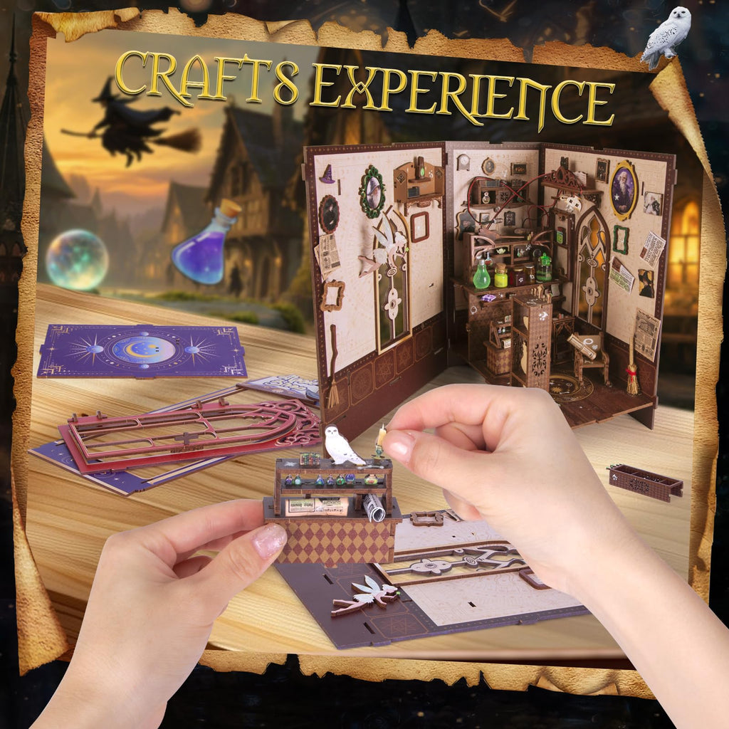 Glow in the Dark Book Nook Kit - Magic Shop Miniature Dollhouse with Spinning Hat & LED Lights