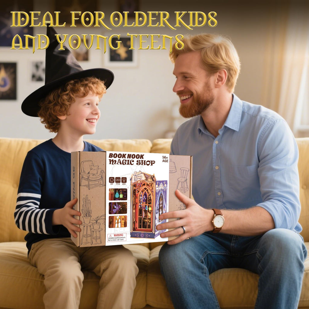 Glow in the Dark Book Nook Kit - Magic Shop Miniature Dollhouse with Spinning Hat & LED Lights