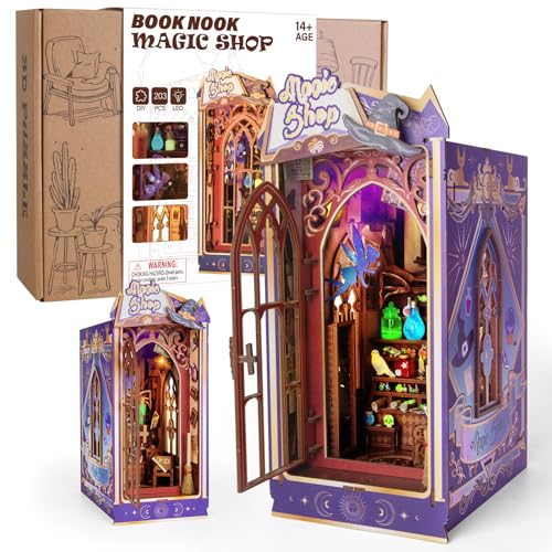 Glow in the Dark Book Nook Kit - Magic Shop Miniature Dollhouse with Spinning Hat & LED Lights