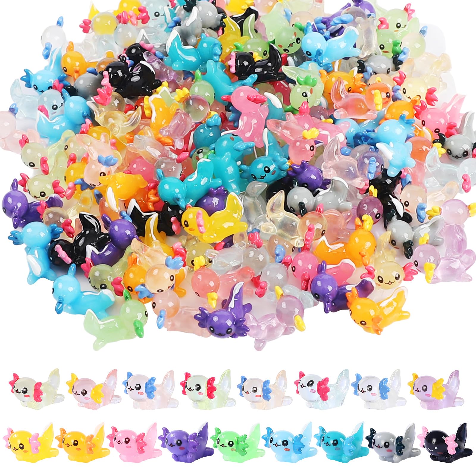 Glow-in-the-Dark Mini Resin Axolotl Figurines - 51 Pieces, 17 Styles for DIY Dollhouse Decor & Miniature Landscapes