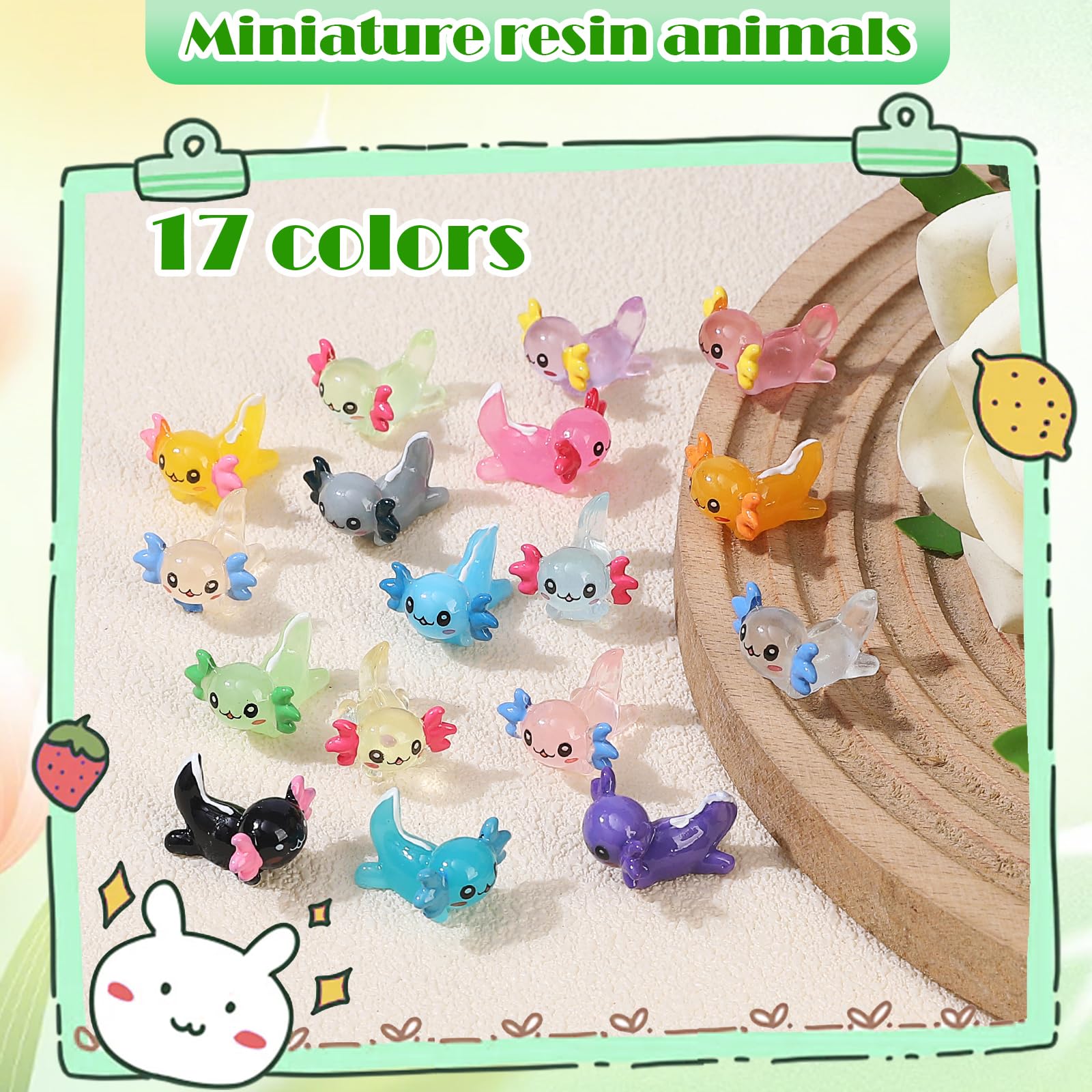 Glow-in-the-Dark Mini Resin Axolotl Figurines - 51 Pieces, 17 Styles for DIY Dollhouse Decor & Miniature Landscapes