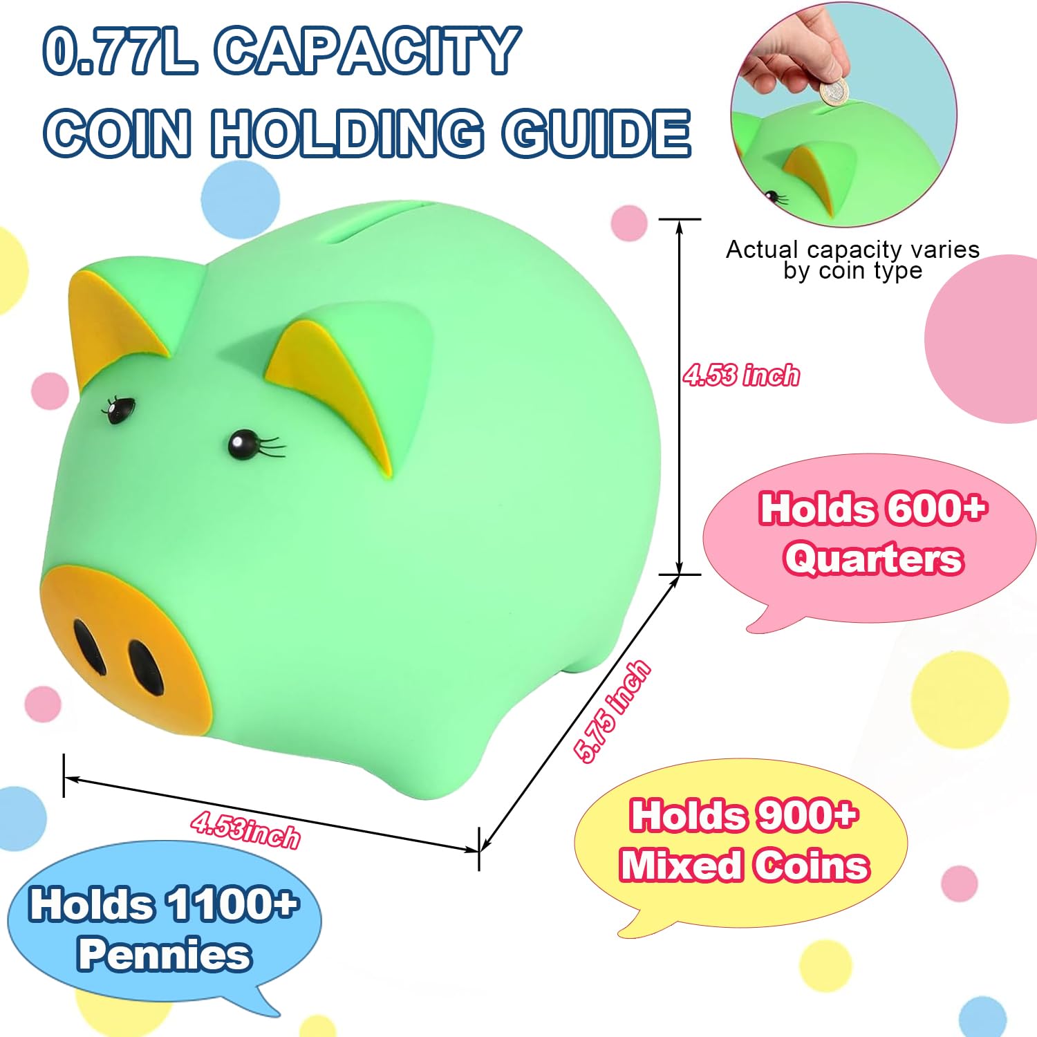 Glow in the Dark Piggy Bank for Kids - Unbreakable Plastic Coin Bank, 800 Coin Capacity, Safe for Toddlers Age 2+