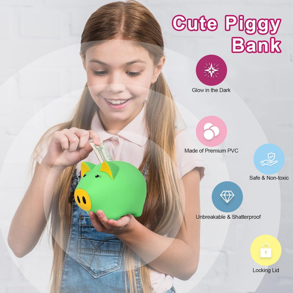 Glow in the Dark Piggy Bank for Kids - Unbreakable Plastic Coin Bank, 800 Coin Capacity, Safe for Toddlers Age 2+