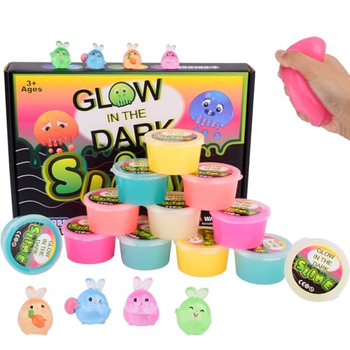Glow in the Dark Slime Kit 12 Pcs – Neon Colors, Non-Sticky, Mess-Free with Rabbit Charms for Kids
