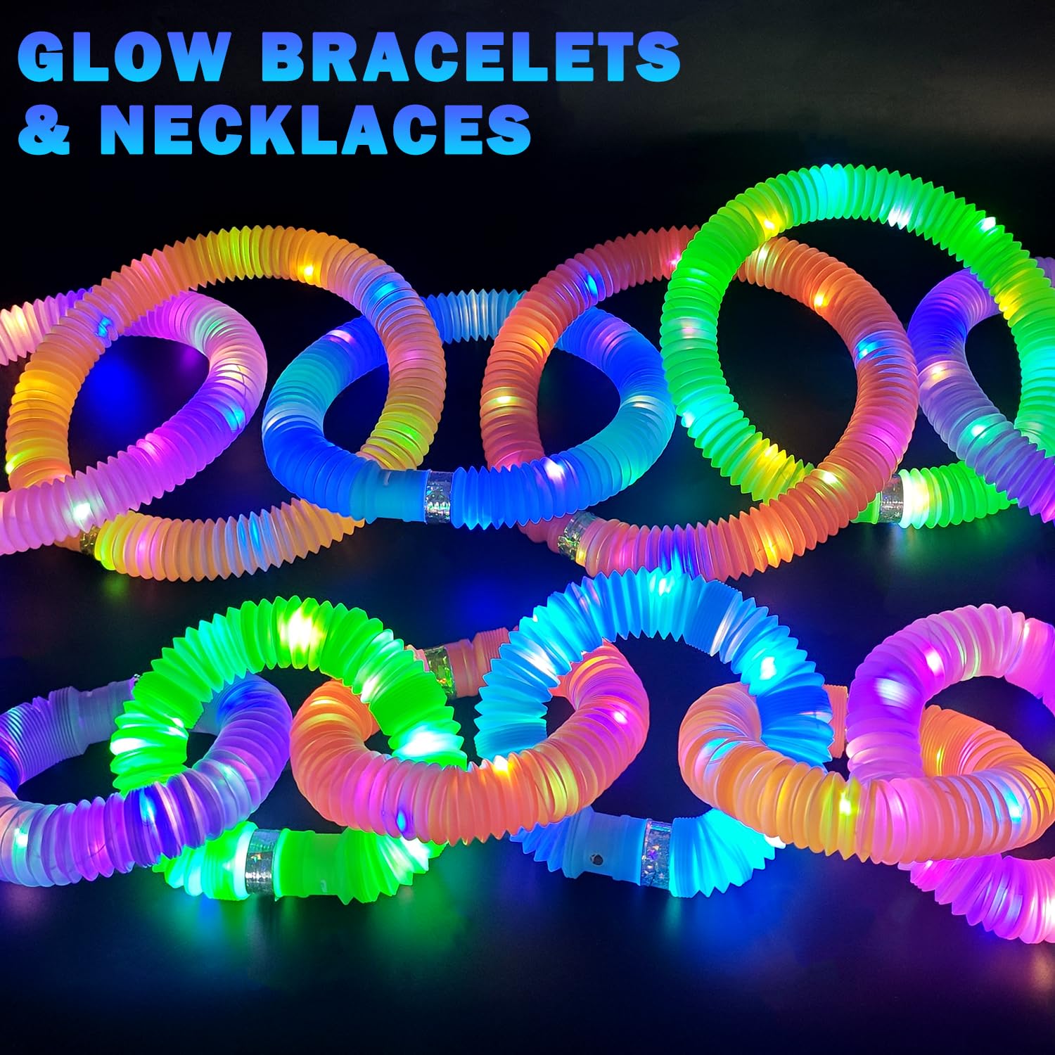 Glow Sticks 4th of July Party Favors for Kids 12-Pack with Fidget Pop Tubes - Neon Bracelets & Necklaces for Birthday, Camping, Dance