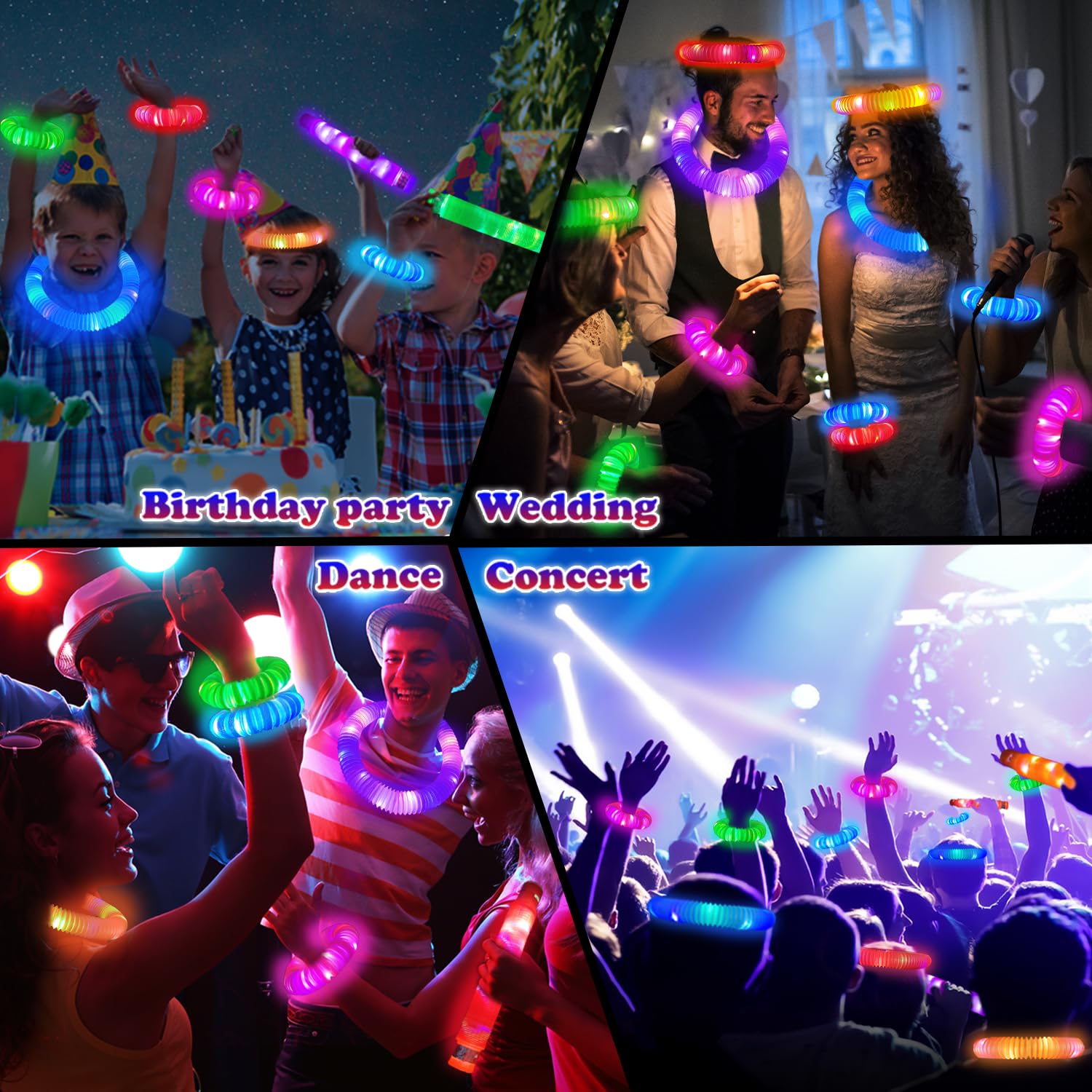 Glow Sticks 4th of July Party Favors for Kids 12-Pack with Fidget Pop Tubes - Neon Bracelets & Necklaces for Birthday, Camping, Dance