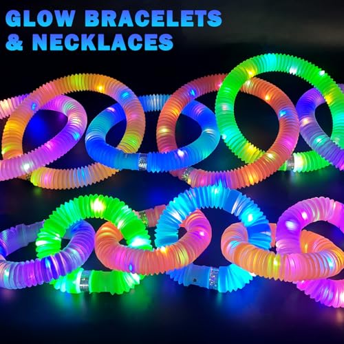 Glow Sticks 4th of July Party Favors for Kids 12-Pack with Fidget Pop Tubes - Neon Bracelets & Necklaces for Birthday, Camping, Dance