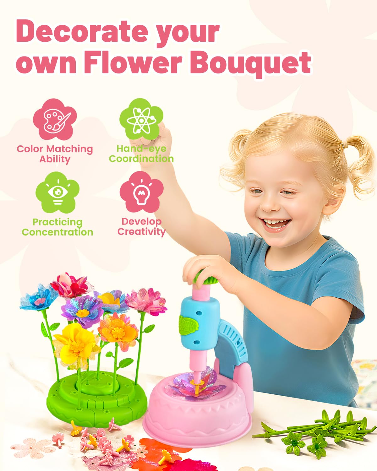 Glowsprout DIY Flower Garden Building Toy - 190+ Pieces Arts and Crafts Kit for Kids Ages 4-10, Pink