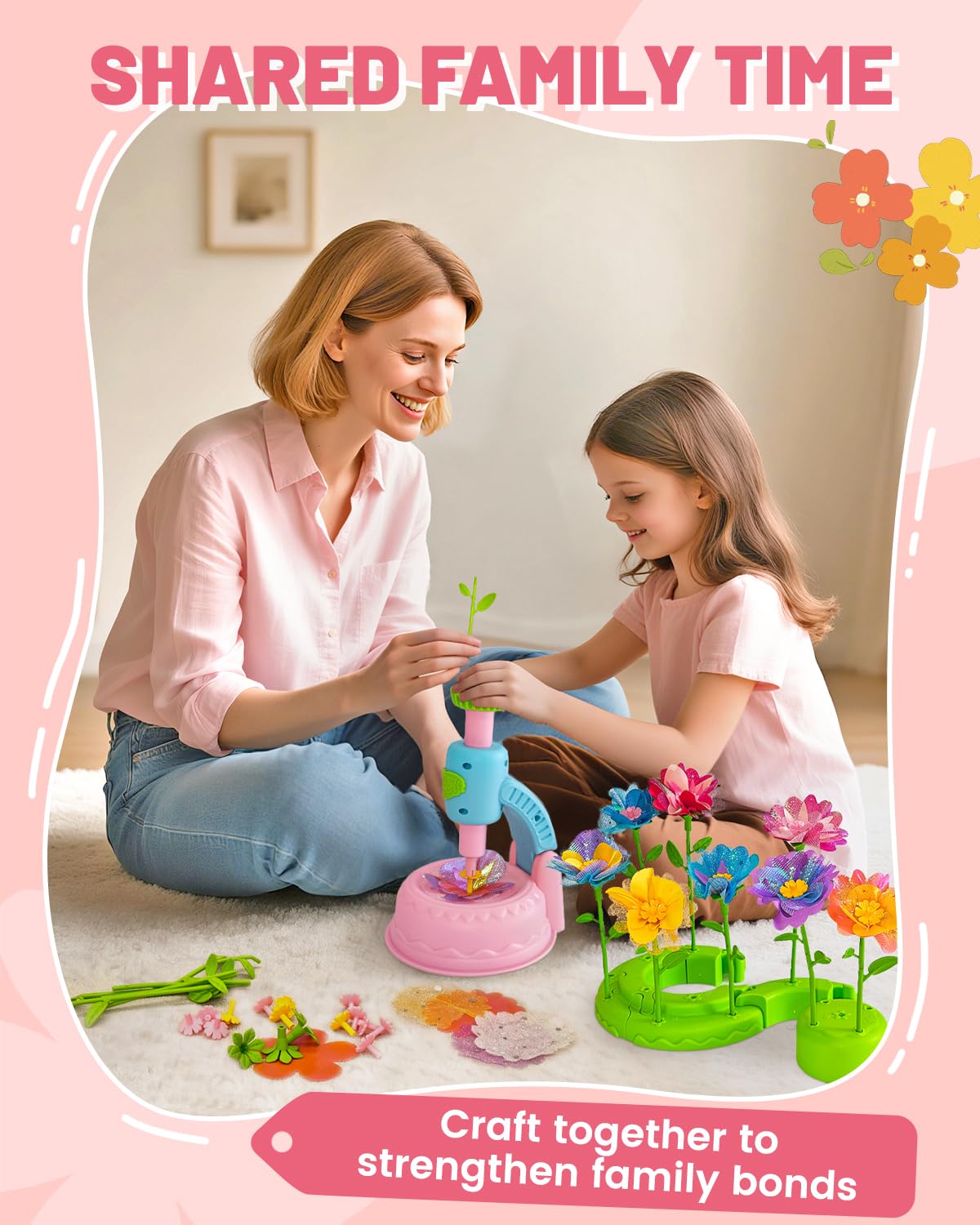 Glowsprout DIY Flower Garden Building Toy - 190+ Pieces Arts and Crafts Kit for Kids Ages 4-10, Pink