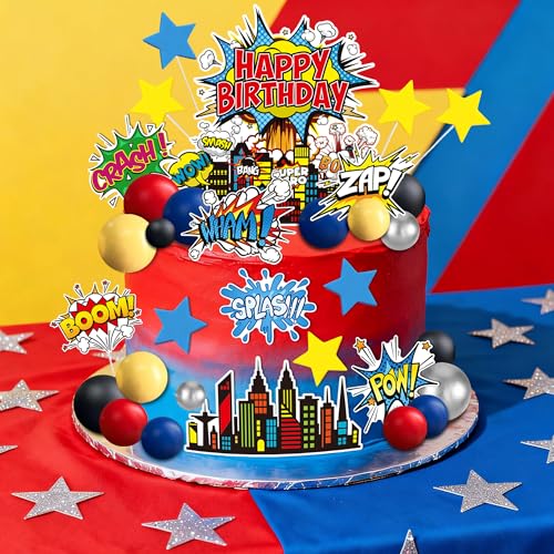 GLURUITE 40-Piece Superhero Cake Toppers - Silver Red Blue Balls for Comic Cityscape Birthday