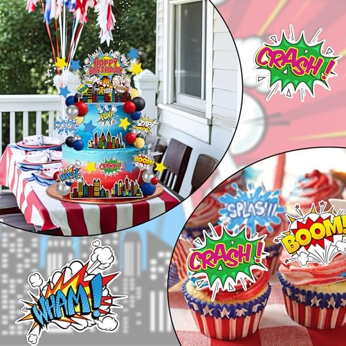 GLURUITE 40-Piece Superhero Cake Toppers - Silver Red Blue Balls for Comic Cityscape Birthday