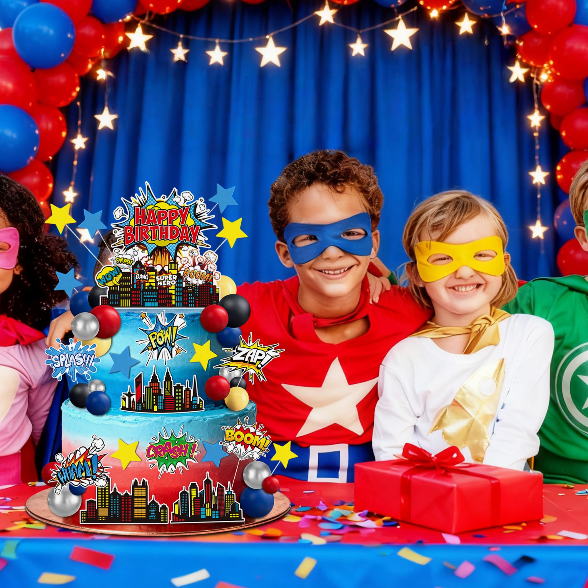 GLURUITE 40-Piece Superhero Cake Toppers - Silver Red Blue Balls for Comic Cityscape Birthday