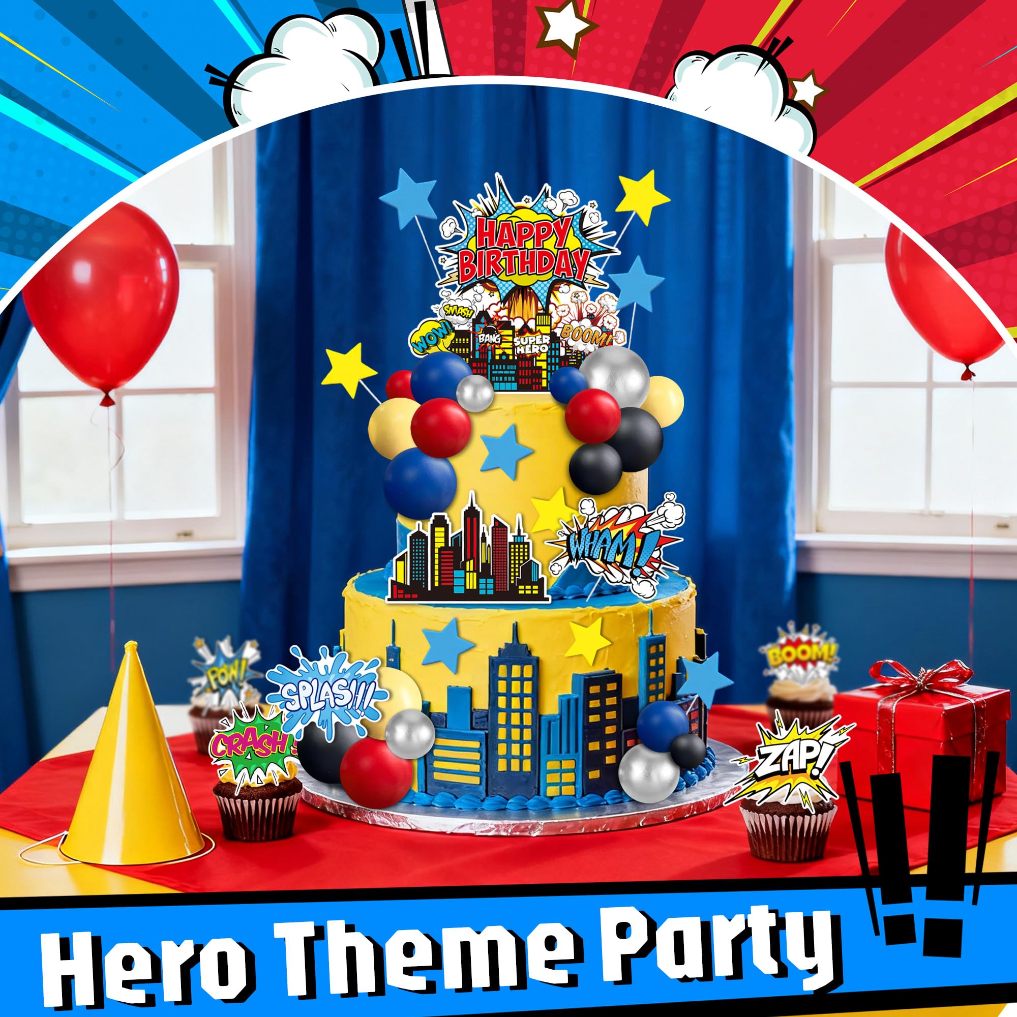 GLURUITE 40-Piece Superhero Cake Toppers - Silver Red Blue Balls for Comic Cityscape Birthday